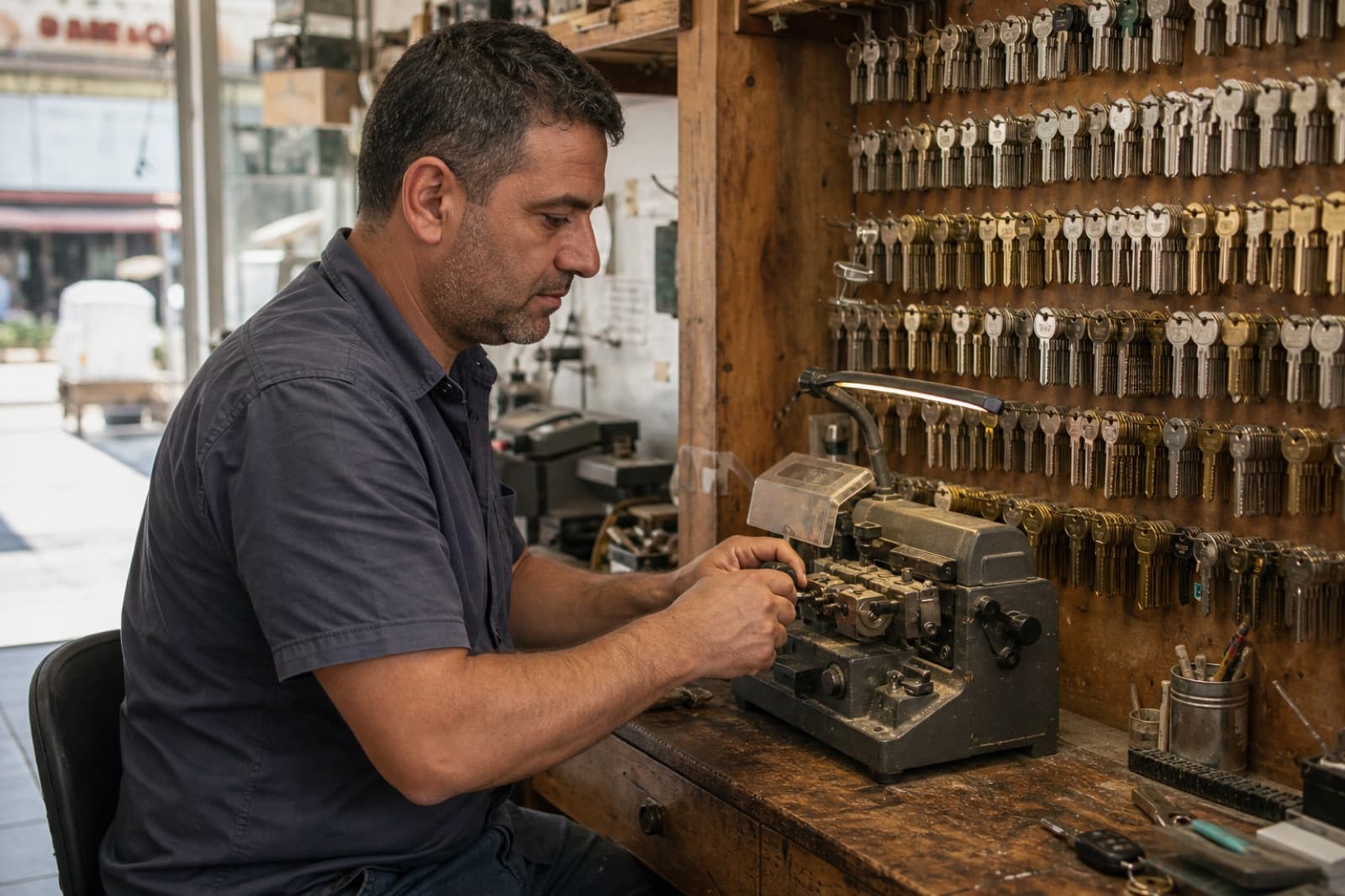 מנעולן בסדנה ישראלית חותך מפתח על שולחן עבודה עם לוח מפתחות מאחוריו